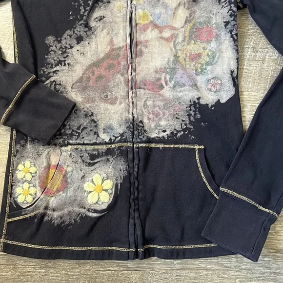 Lucky Brand Hoodie Full Zip Koi Fish Graphic Embroidery Floral Y2K Black Size S